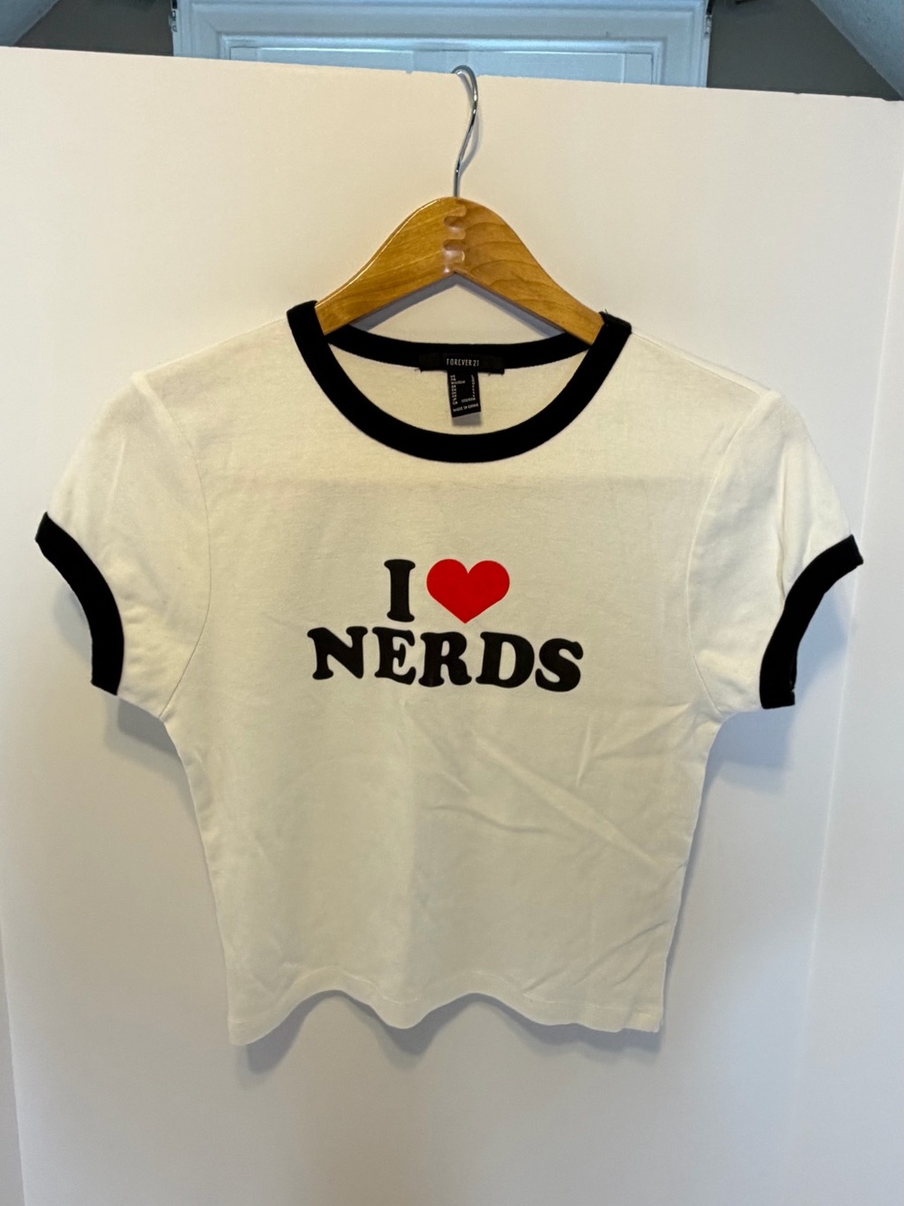 Forever 21 White Ringer Tee with Black Trim and Red Heart